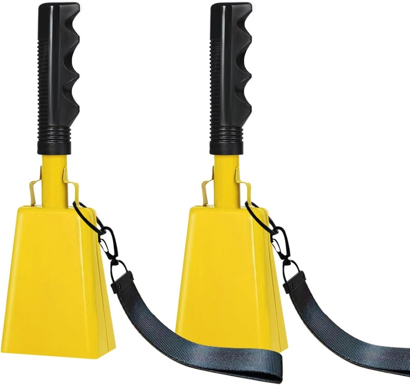 HEYLEAYAR 10Inch Cowbells with Handle for Sporting Events, 2Pcs Large Cow Bells with Wrist Straps, Loud Noise Makers for Cheering Football Games Spirit Marathon Weddings Party Noisemakers, Yellow - Image 1